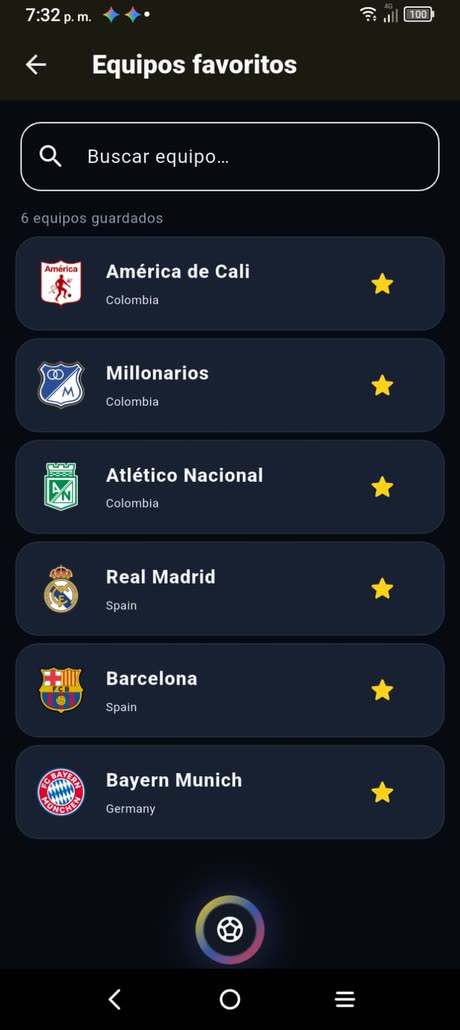 Equipos favoritos guardados: América de Cali, Millonarios, Atlético Nacional, Real Madrid, Barcelona y Bayern Munich