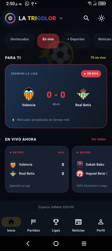 Pantalla de inicio con el partido destacado en vivo