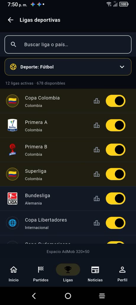 Selector de ligas con interruptores: Copa Colombia, Primera A, Primera B, Superliga, Bundesliga y Copa Libertadores activas