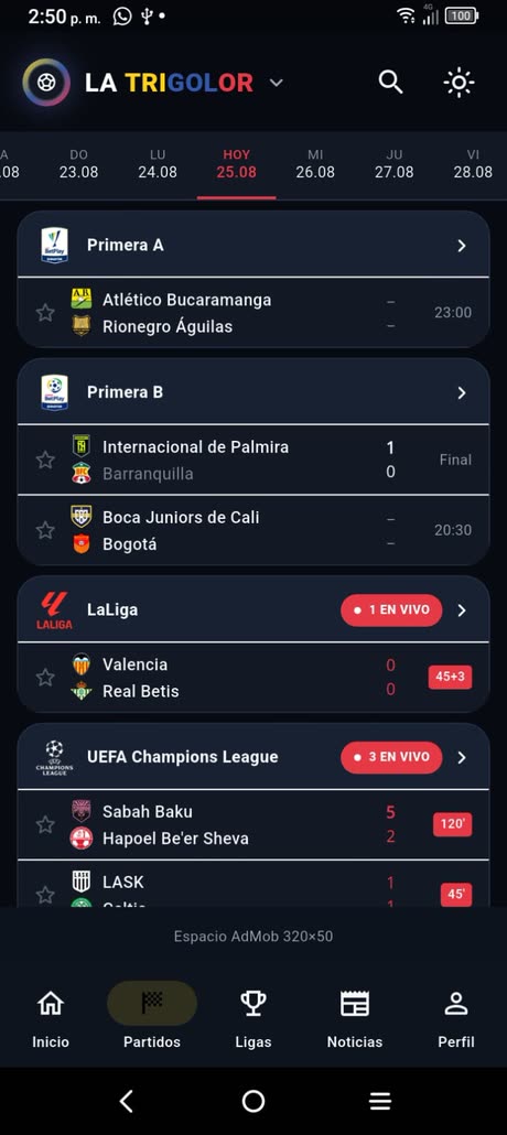 Partidos del día agrupados por liga, con Primera A primero