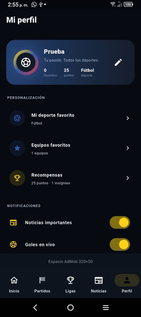 Perfil con deporte favorito, equipos y notificaciones