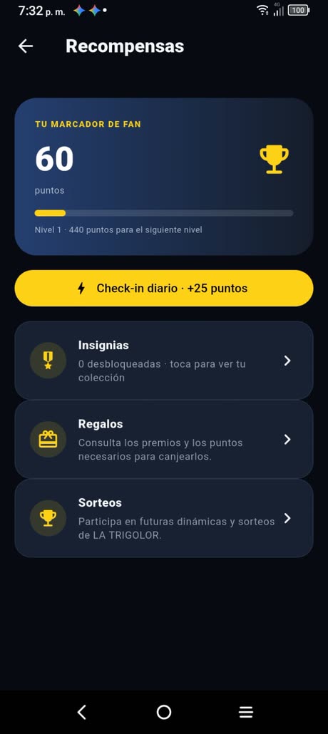Pantalla de recompensas con puntos, nivel e insignias